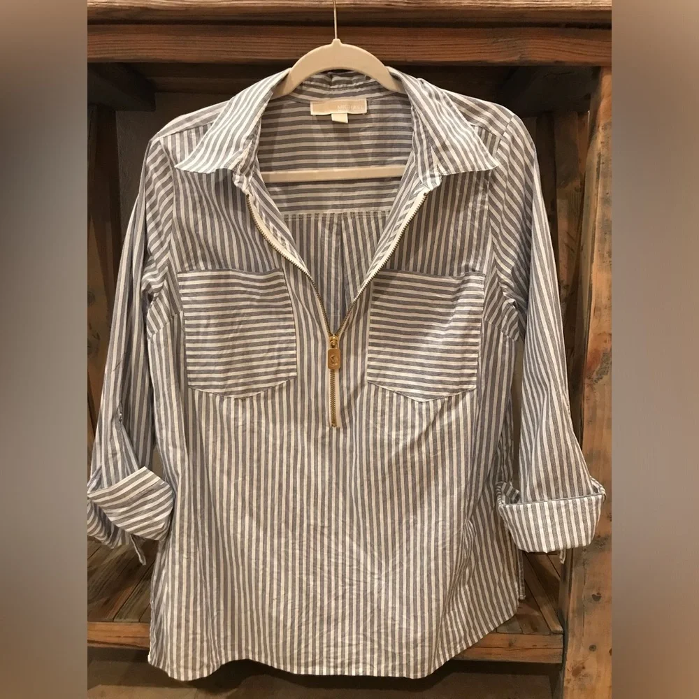 *Michael Kors* Shirt Bundle Orange Button-Down Blouse & Striped Shirt (Size L) - Picture 8 of 12